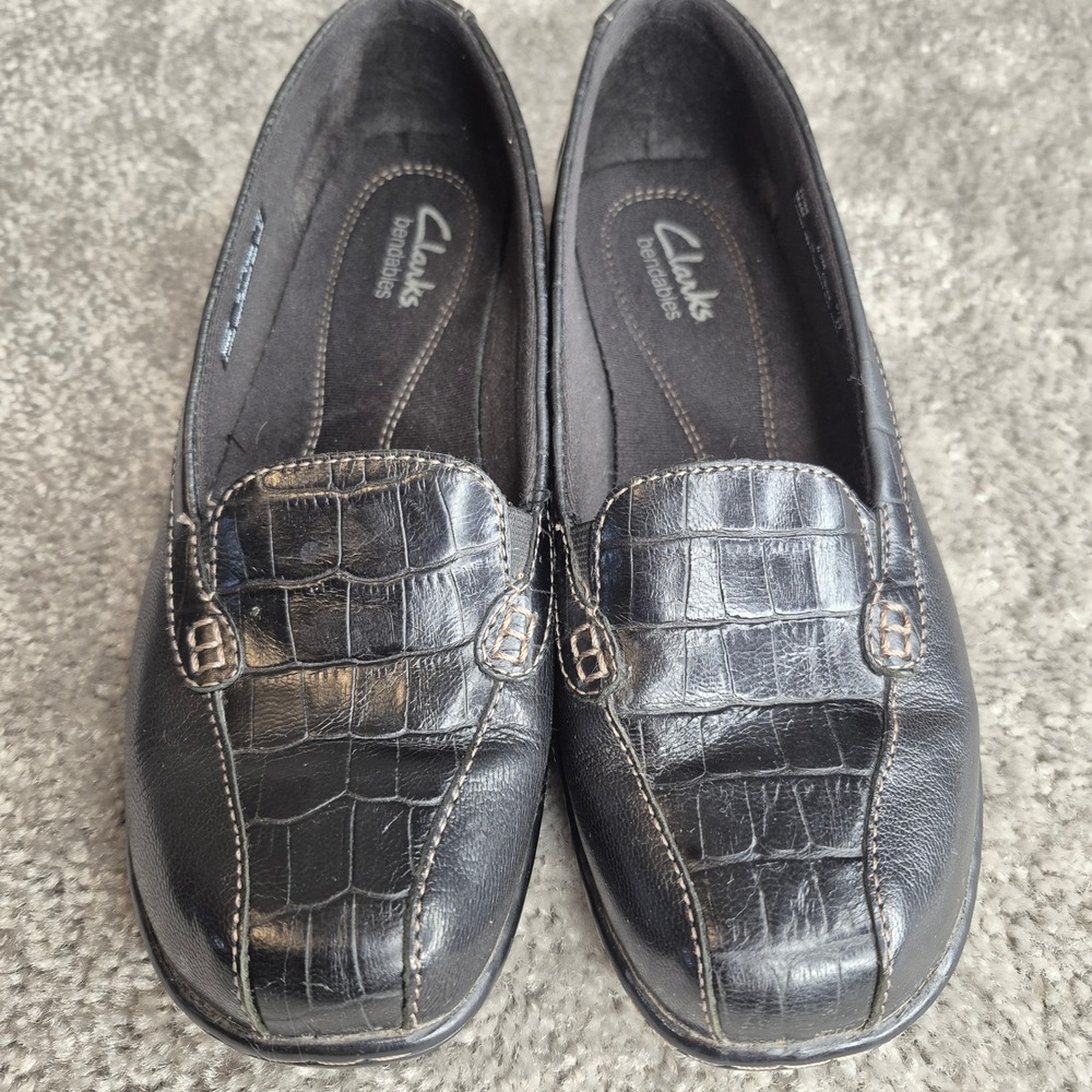 Clarks Bendables Black Leather Croc Embossed Loafers Square Toe Women 6.5M 35588